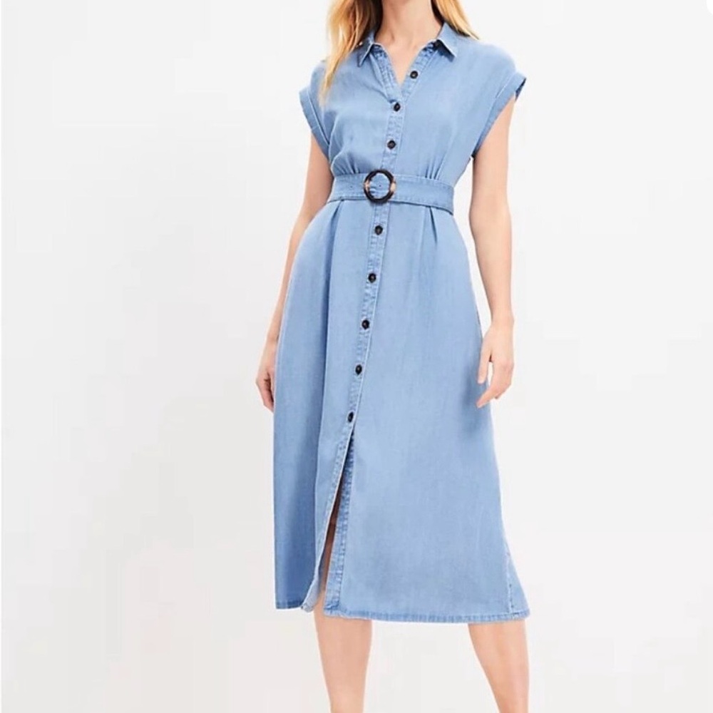 LOFT - Chambray Denim Button-Down Midi Pocket Shirtdress in Blue